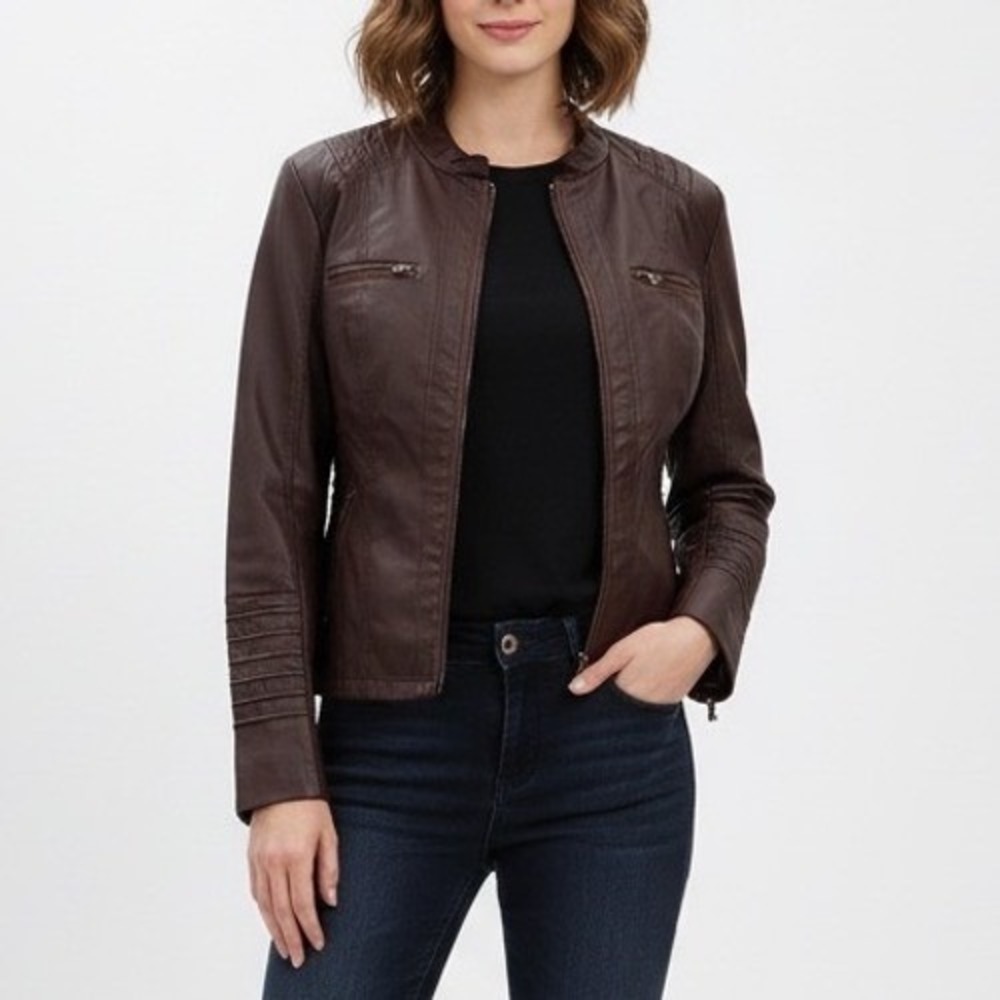 Blivener Jacket Womens Large Brown Faux Leather Full Zip Pockets Long Sleeve